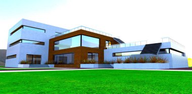 Arizona 'da güneşli bir dağ platosuna inşa edilmiş lüks bir kır evinin tasarımı. Tahta kaplama artı beyaz tuğla. 3B görüntüleme.