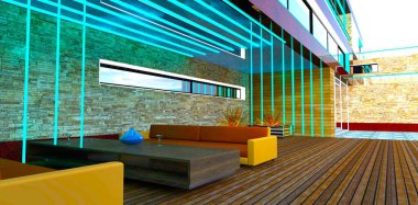 Prag 'ın banliyölerinde bulunan gelişmiş bir çalışma alanının girişinde bir dinlenme alanı. IT profesyonelleri için ideal bir yer. 3B görüntüleme.