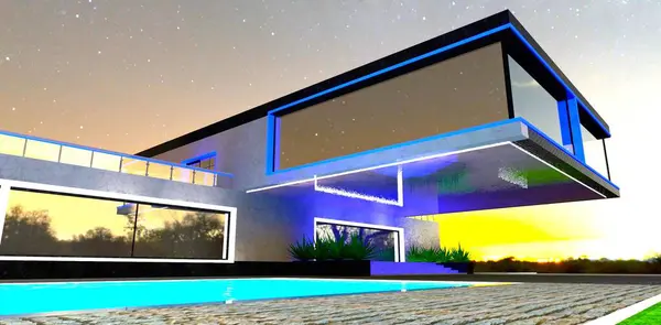 stock image Night view of the overhanging cantilever of the second floor of a modern cottage with blue lighting on exterior elements. 3D rendering.