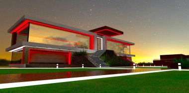 Kırmızı LED dış ışıklandırması olan olağanüstü özel bir evin arkasında uzak bir gün doğumu. 3B görüntüleme.