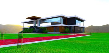 Şafakta dağ evinde. Yaya geçidi binaya doğru gidiyor. Güzel yeşil çayır. Kırsal emlak reklamcılığı için mükemmel bir pankart. 3B görüntüleme.