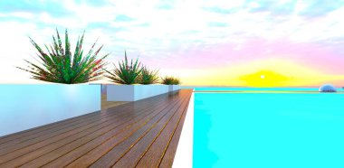 Turkuaz suda sersemletici bir gün doğumu. Yol boyunca tahta iskele var. Güzel romantik bir ortam. 3B görüntüleme.