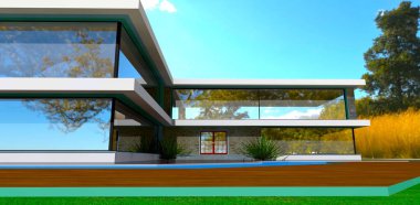 Kırsal kesimdeki özel bir eve cam cepheli giriş manzarası. Düz çizgiler mimari projenin trendini vurgular. 3B görüntüleme.