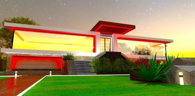 Kırmızı gece ışıklandırması olan harika bir kulübe. Girişteki çimenlikte peyzaj malzemeleri var. 3B görüntüleme.