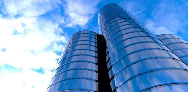 stock image Futuristic cylindrical office building with a glass facade against a gloomy, overcast sky. View from below. 3D rendering.