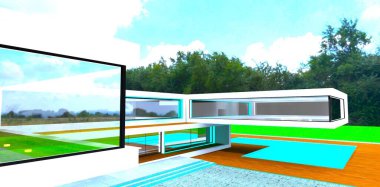 Yeşil bir çayırda havuzu olan, sık bir orman zeminine kurulmuş güzel, yüksek teknolojili kır evi. Cantivered ikinci kat binaları. 3B görüntüleme.