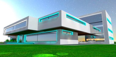 Geceleri özel lüks ülke konutlarının kübist kutu benzeri yapıları. 3B görüntüleme.