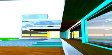 Yükselen güneşin ışığı, Belçika 'nın modaya uygun bir projesine göre tasarlanmış lüks bir malikanenin avlusuna doğru bir kemerden süzülüyor. 3B görüntüleme.