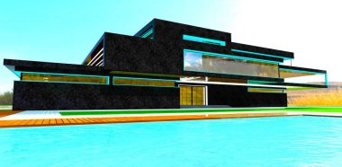 Access to the pool from an elite high-tech estate with a black marble exterior finish. 3D rendering. clipart