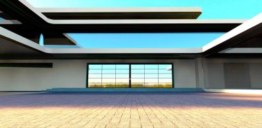 Gelişmiş bir villanın özel giriş tasarımı. Cam cephedeki çevrenin yansıması ferah ve aydınlık bir izlenim yaratıyor. 3d oluşturma.