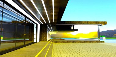 Dağların arkasındaki yükselen güneş, malikanenin aynalı cephesine yansıyarak siyah mermer duvara ışıltılar saçıyor. 3B görüntüleme.