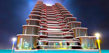 Dover 'ın merkezine modern bir tasarım yapılmış basamaklı terasları olan bir otel. 3B görüntüleme.