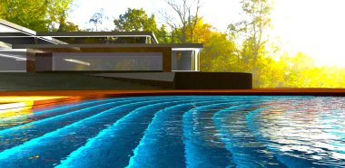 Güneşli bir sonbahar ormanındaki bir villada havuzun yüzeyinde hafif dalgalanmalar. Aydınlatılmış adımlar. 3B görüntüleme.