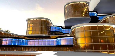 Modern gayrimenkullerin dış kaplamaları olarak mavi ve kahverengi cam bloklar. Gece görüşü. 3B görüntüleme.