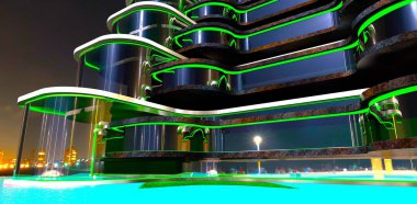 Geceleri Antalya 'da modern bir otelin yuvarlak cam dış görünüşü. 3B görüntüleme.