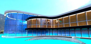 Dış tarafı büyük renkli cam bloklardan yapılmış. Yarı dairesel bir merdiven kristal berrak suya iner. 3B görüntüleme.