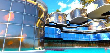 Havuzlu bir tatil evi için modüler bir cephe tasarlandı. Dışı büyük cam bloklardan yapılmış. 3B görüntüleme.