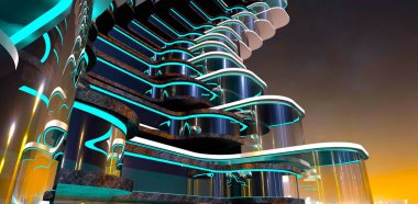 Kopenhag 'da gece gökyüzüne karşı yuvarlak cam cepheli fütüristik bir binanın alışılmadık dış görünüşü. 3B görüntüleme.