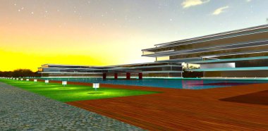 Geceleri havuzun yakınındaki rahat bir kır köyünün bahçesindeki çimlerin üzerinde alçak konumda sokak lambaları. 3B görüntüleme.