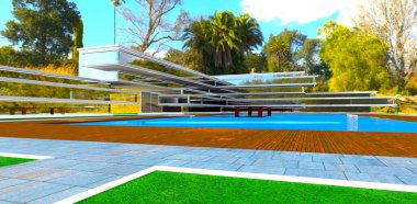 Çimensiz kırmızı bir zemin üzerinde budanmış zeytin ağaçlarının olduğu pitoresk bir bahçe sahnesi, canlı bir çiçek tarlasına doğru giden bir patika..