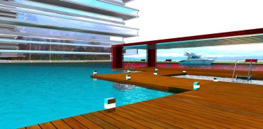 Ahşap iskele boyunca bir yürüyüş yolu, prestijli bir otelin su taşıma alanına çıkıyor. 3B görüntüleme.