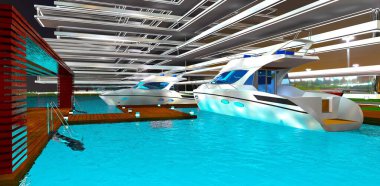 İki motorlu tekne, gece yarısı sessiz bir körfezin kıyısına inşa edilmiş seçkin bir apartman dairesine demirlediler. 3B görüntüleme.