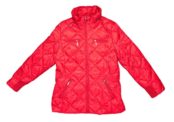 白い背景に隔離されたスキーのための明るい赤のダウン女性のジャケット — ストック写真