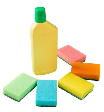 Home cleaning supplies. Bottle with detergent and colorful sponges. Isolate on white background.