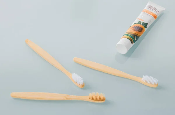Daugavpils Latvia April 2023 Three Eco Friendly Bamboo Toothbrushes Tube — Stock Photo, Image