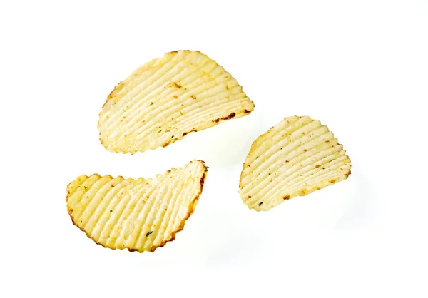 Drei Teller Kartoffelchips Auf Weißem Hintergrund Großaufnahme — Stockfoto