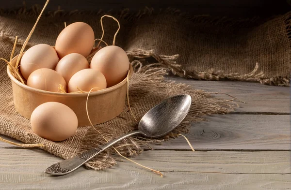 Close View Brown White Chicken Eggs Arranged Rustic Weathered Wooden — Stock Photo, Image