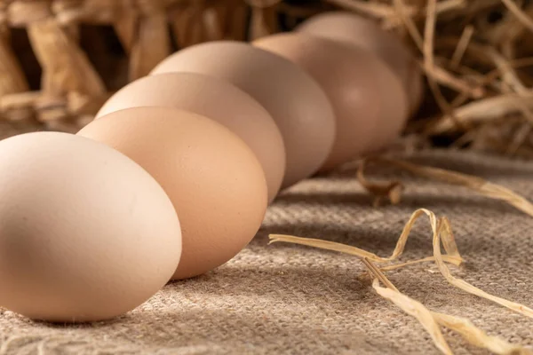 Taze Organik Tavuk Yumurtaları Ahşap Bir Sepetin Içinde Bir Çuval — Stok fotoğraf