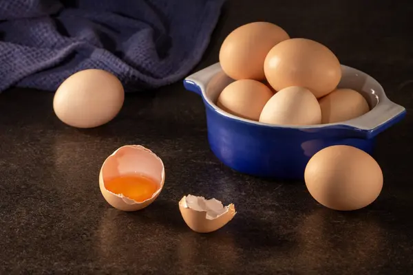 Close Organic Chicken Eggs Placed Blue Cup Set Rustic Dark — Stock Photo, Image