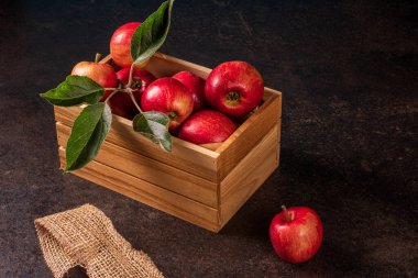 Büyüleyici bir kırsal ahşap kutu parlak siyah bir masanın üzerinde duruyor, olgun kırmızı elmalardan oluşan bir düzenle güzelce vurgulanıyor, sıcak ve davetkar bir atmosfer yaratıyor, sonbahar temalı gösteriler için mükemmel..