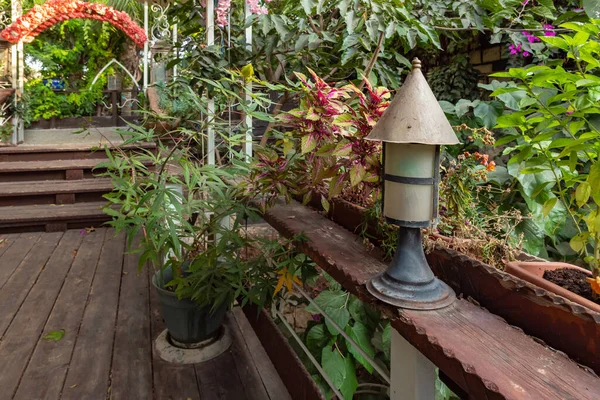 stock image Nahariya, Israel, October 21, 2022 : Decorative lamp surrounded by plants on exhibition in the Gardens Almona collection, in the rays of the setting sun, in the Druze village of Julis in northern Israel