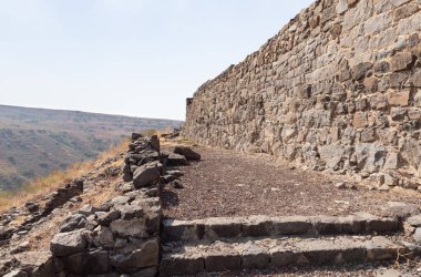 Gamla şehrinin harabelerindeki sinagogun kalıntıları, Gamla Doğa Rezervi, Golan Tepeleri, kuzey İsrail