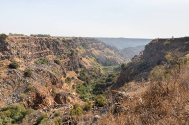 Gamla deresinin aktığı bir dağ geçidi Gamla Doğa Rezervi 'ndeki Dolmen Yolu, Golan Tepeleri, kuzey İsrail