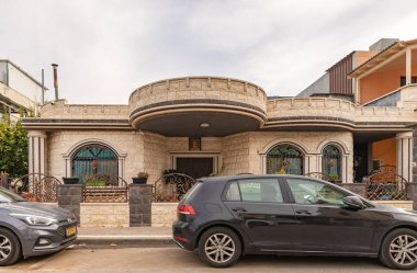 Ghajar, Israel, December 03, 2022 : One of the residential buildings in the Ghajar Alawite Arab village, located on the Golan Heights, on the border with Lebanon, in Israel