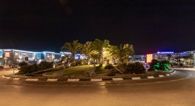 Eilat, Israel, December 13, 2022 : Night view of a decoratively decorated traffic roundabout in the center of Eilat city in southern Israel