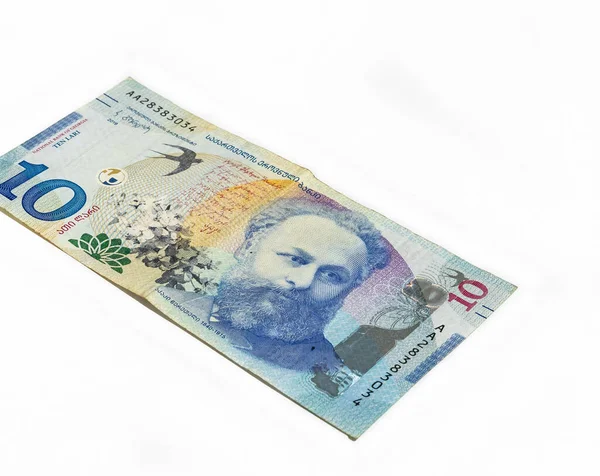 Grúziai Nemzeti Bank Tíz Lari Bankjegye Fehér Alapon — Stock Fotó
