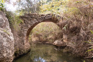 Kuzey İsrail 'deki Batı Celile' deki Nahal Amud Ulusal Doğal Parkı 'nda yıkılmış eski bir köprünün kalıntıları.