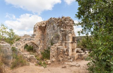 Kuzey İsrail 'deki Yukarı Celile' deki Haçlı Kalesi 'nin harabelerinde bulunan Tötonik Düzenin Büyük Efendileri' nin evinin avlusundaki büyük bir yemek odasının kalıntıları.