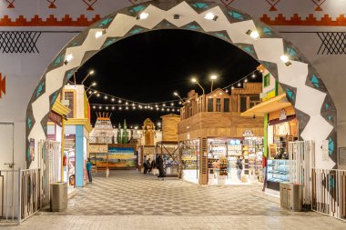 Dubai, Birleşik Arap Emirlikleri, 20 Mart 2023: Dubai şehri yakınlarındaki Global Village, Birleşik Arap Emirlikleri 'ndeki Amerikan ülkesinin pavyonu