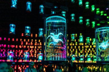 Dubai, Birleşik Arap Emirlikleri, 21 Mart 2023: Dubai 'deki Gelecek Müzesi, Birleşik Arap Emirlikleri' ndeki hayvan ve bitki dünyasının temsilcilerinin holografik kopyalarını içeren konteynırlar bankası