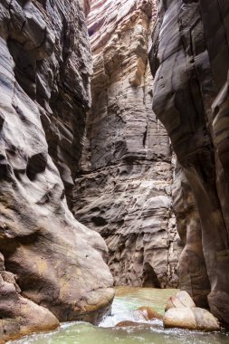 Mujib Nehri kıyısındaki Mujib Nehri 'nin yüksek dağlarının inanılmaz renkleri Ürdün' deki Wadi Al Mujib 'de bulunan Kanyon turizm rotası boyunca uzanır.