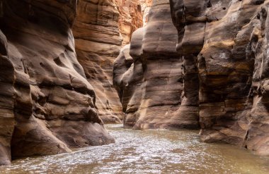 Ürdün, Wadi Al Mujib 'deki Mujib Nehri Kanyonu' ndaki turizm rotasının sonundaki dağ kayalarının renk çeşitliliği