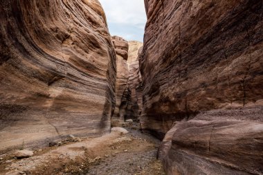 Ürdün 'deki Wadi Numeira yürüyüş yolunun başlangıcında kayalar arasında güzel doğal desenlerle boyanmış sığ bir dere akar.