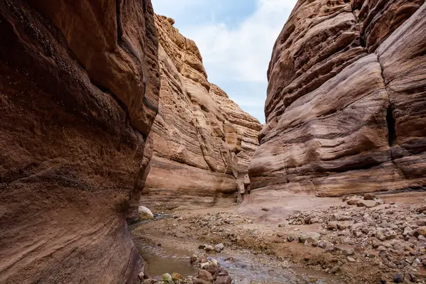 A shallow stream flows between rocks painted with intricate natural patterns at the beginning of the Wadi Numeira hiking trail in Jordan
