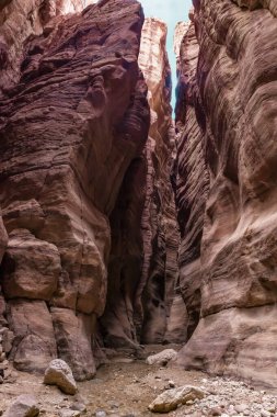 Ürdün 'deki Wadi Numeira vadisinde küçük sığ bir dere yürüyüş yolu boyunca akar.