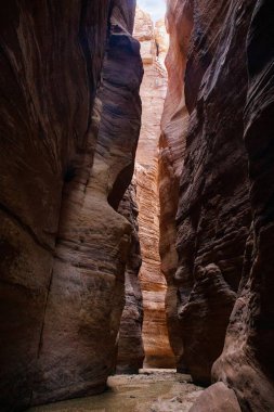 Ürdün 'deki Wadi Numeira vadisinde yürüyüş yolunun sonunda duvarlarında güzel desenler olan yüksek kayalar arasında sığ bir dere akıyor.